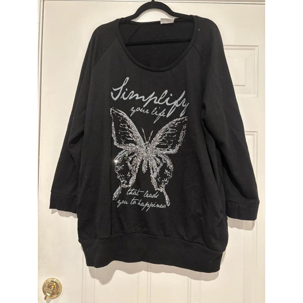 Women s Yessica XXL black Simplify your life butterfly sequin sweatshirt #702